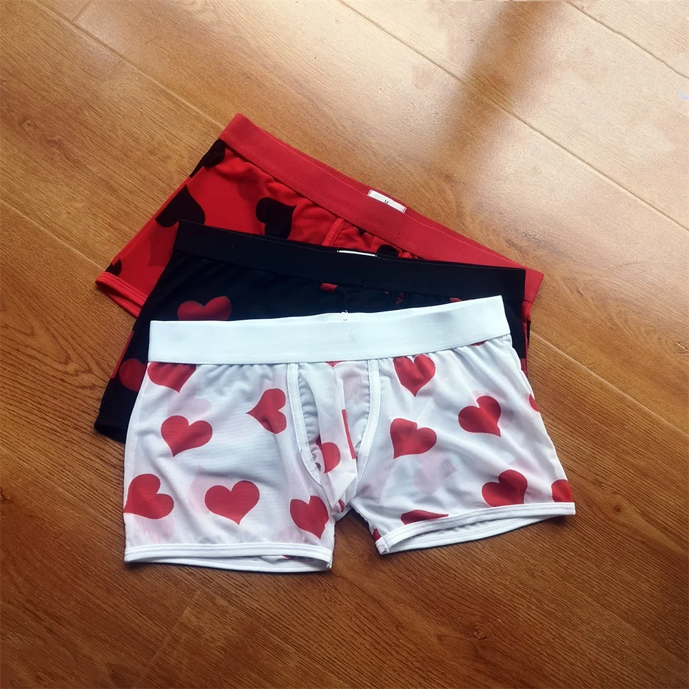 

Sexy Transparent Mesh Boxers See Through for Men Erotic Underpants Sweet " Hearts" Printed Male Panties Shorts