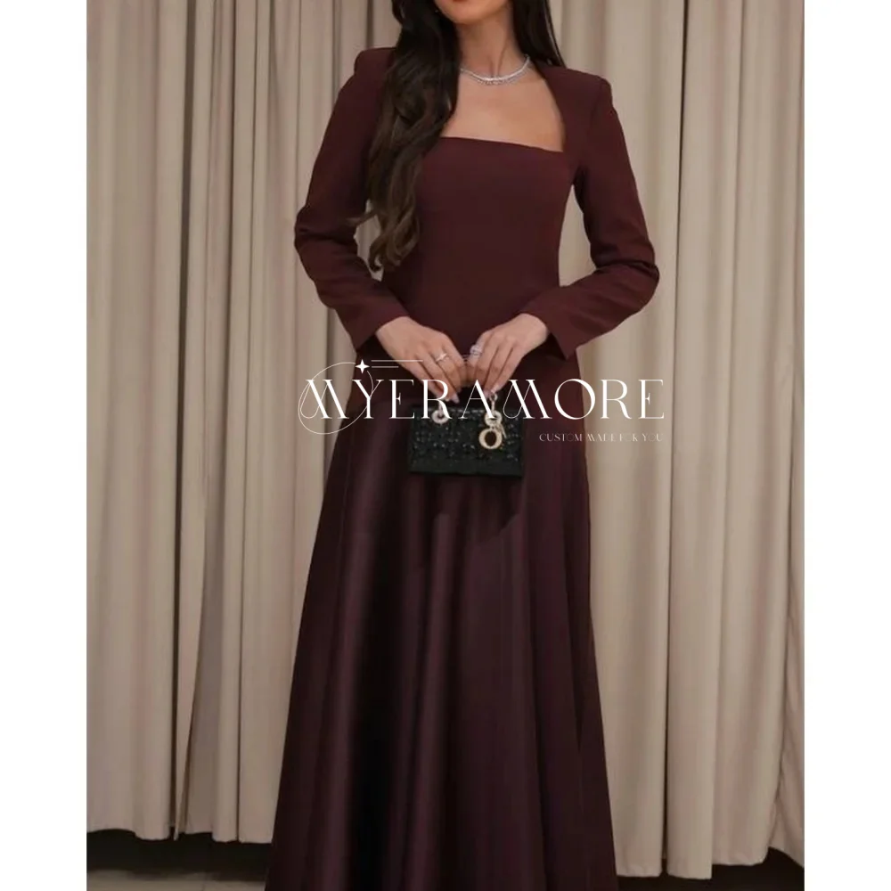 

Customized Arabic Women Evening Dresses Long Sleeve Brown Square Collar Satin A-line Prom Dress 2025 Floor-Length Formal Gown