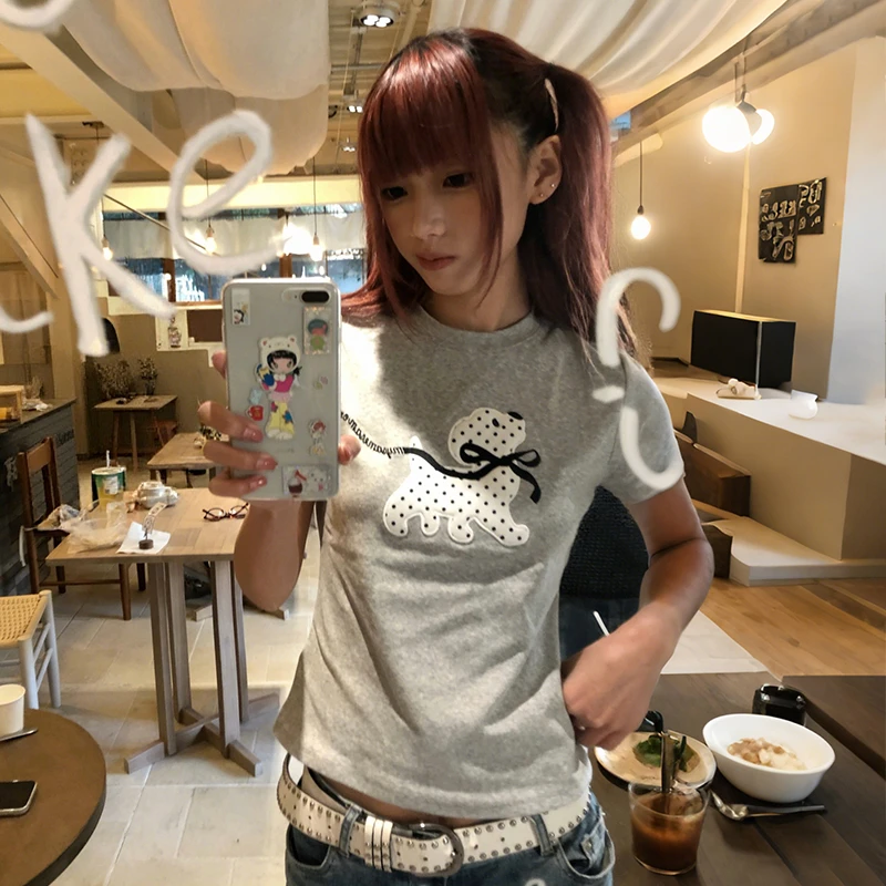 Japanese Y2k Polka Dot Puppy Print T-shirt 2000s Style Short Sleeve T Shirt Vintage Harajuku Cutecore Tops American