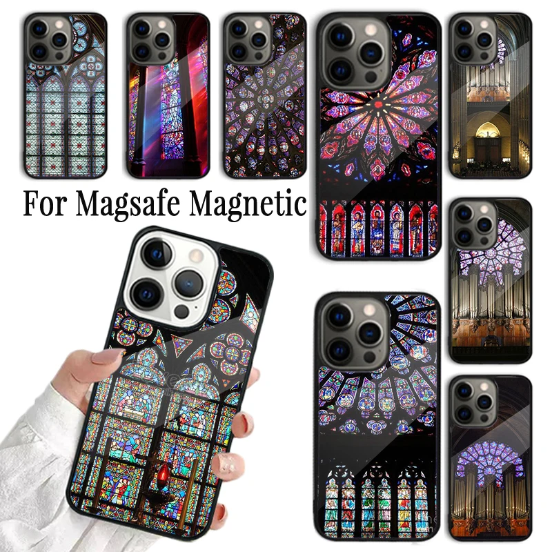 Phone Case For iPhone 16 15 14 13 12 11 Pro Max Plus Magsafe Magnetic Wireless Charging Cover Notre Dame Rose Window Clock Tower