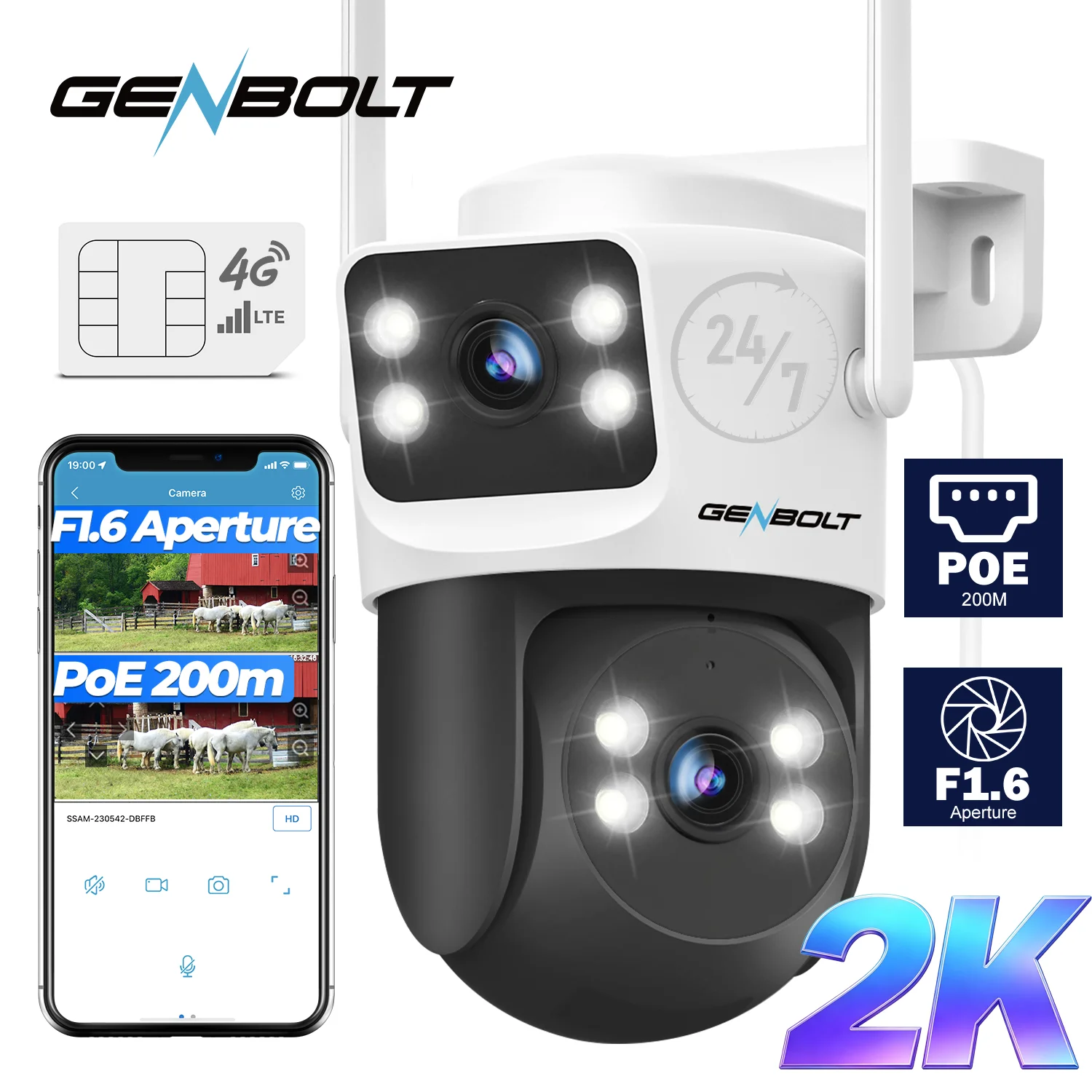 2MP+2MP 4G LTE Security Camera Outdoor, Dual Lens PoE Surveillance Camera CCTV with Sim Card Cellular No WiFi, 24/7 Recording Plug in Wired IP Cam with Auto Tracking Human Detection GENBOLT