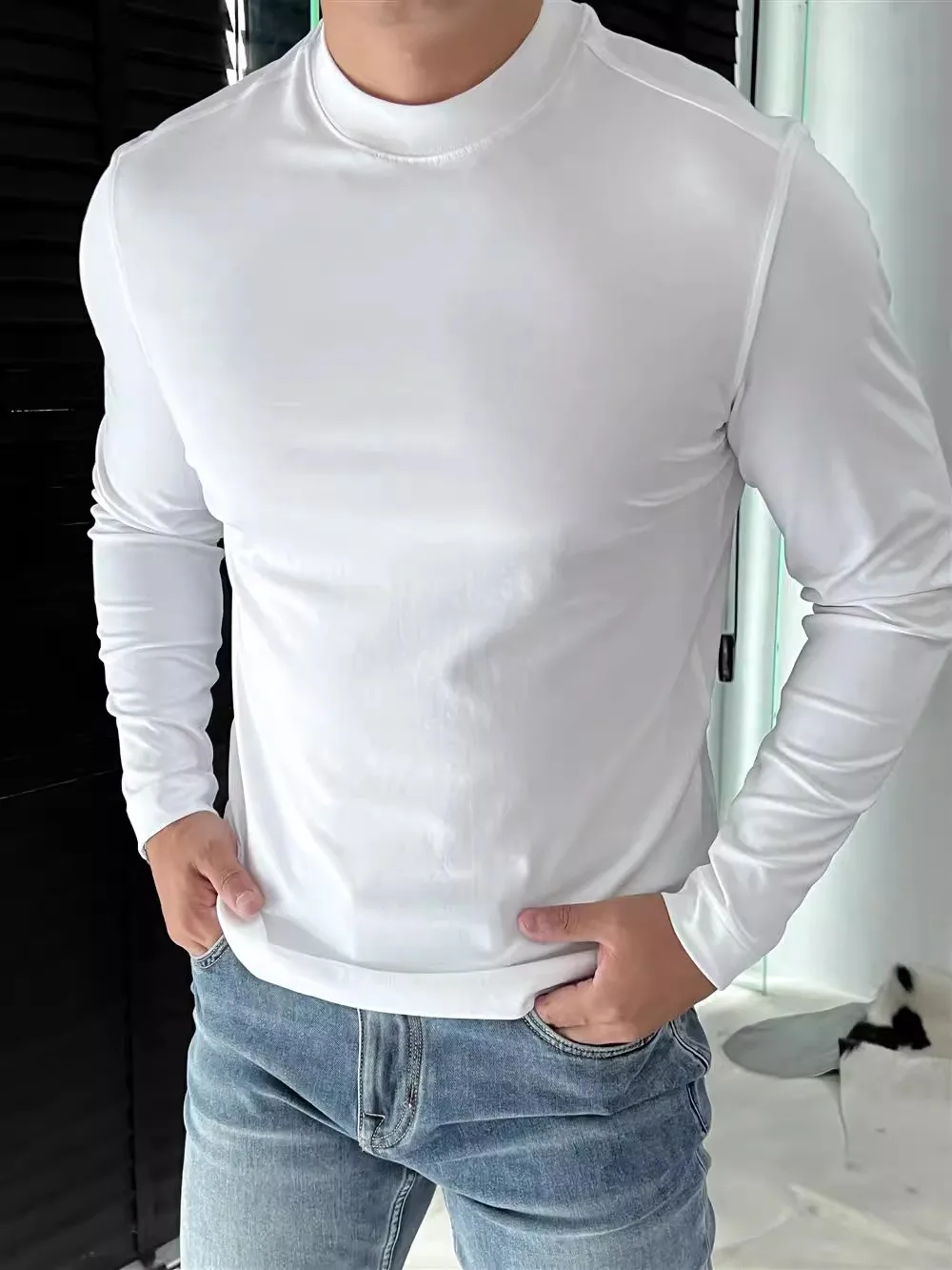 

Мужская приталенная футболка с длинным рукавом и круглым вырезом, однотонная, из хлопка с обработкой жидким аммиаком, высокое качество, модная коллекция Осень 2025