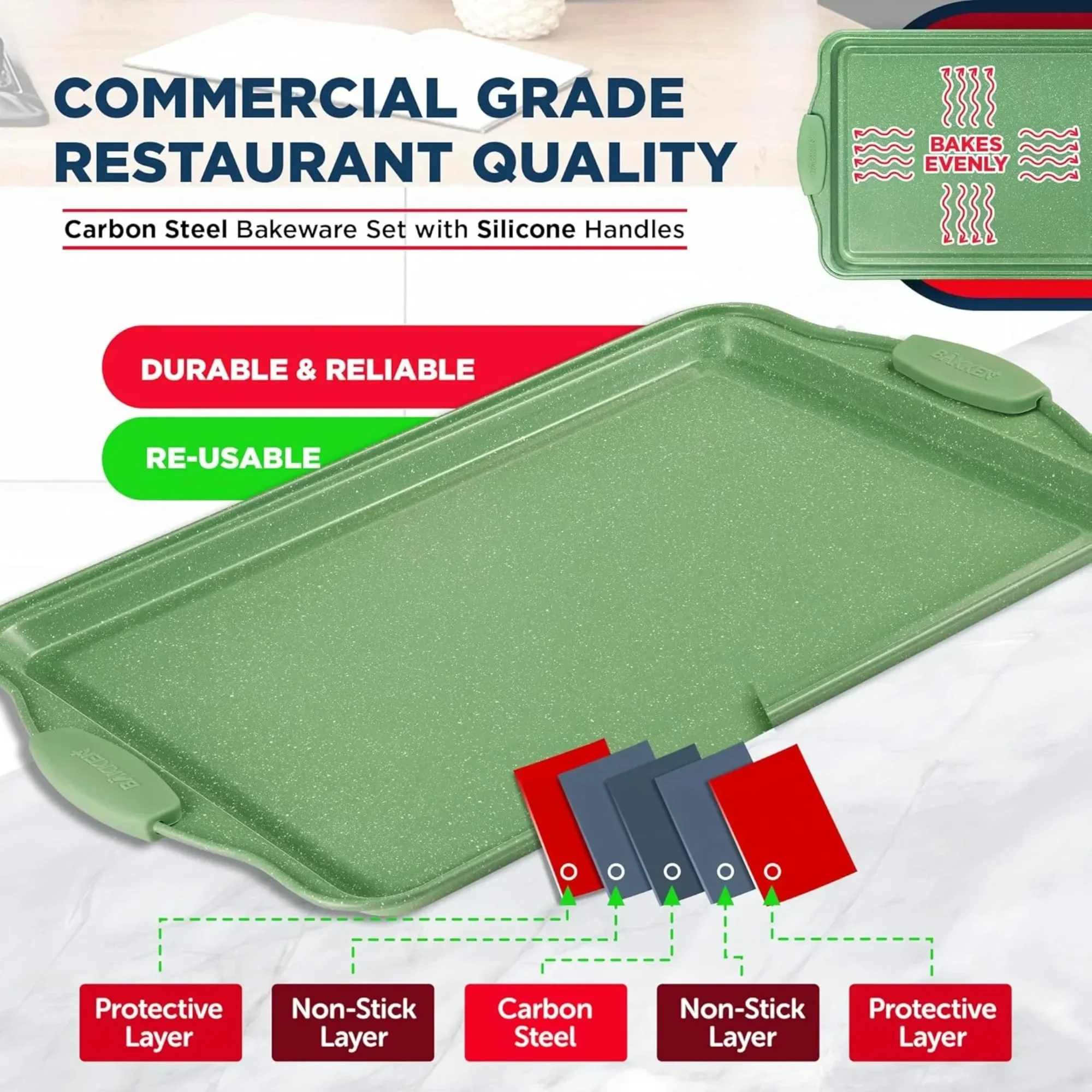 مجموعة أدوات خبز غير لاصقة مكونة من 8 قطع، من الفولاذ الكربوني مع مقابض من السيليكون، آمنة للفرن للخبز والتحميص