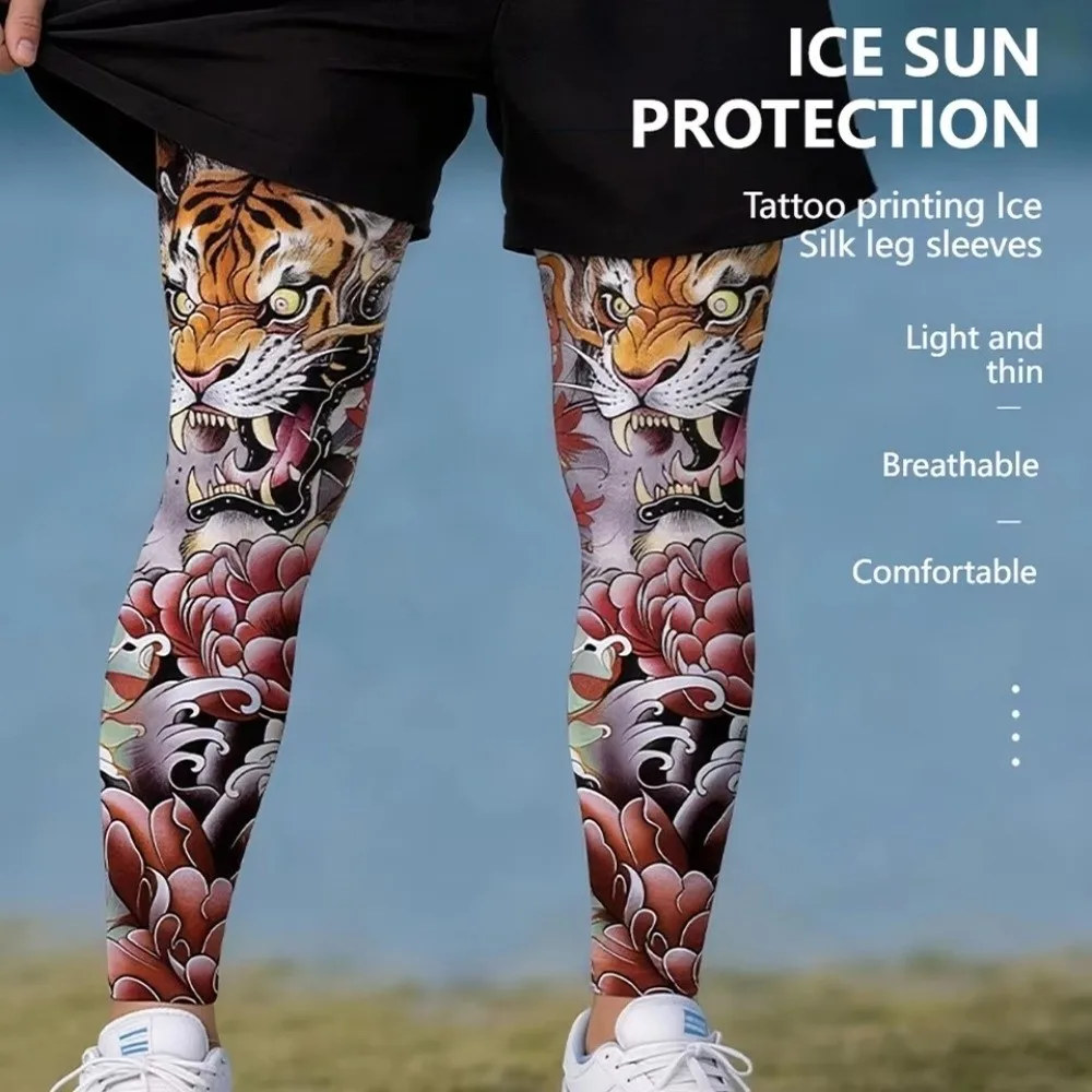1Pair Ice Silk Cyclying Leg Sleeves Elastic Non-slip Leg Compression Sleeves Breathable Tattoo Printing Knee Protection Pads