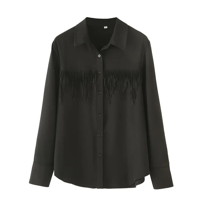 

2024 Autumn Winter New Women's Long Sve Turn-down Collar Fringed Commute irt Versatile Straight-cut Regular Length