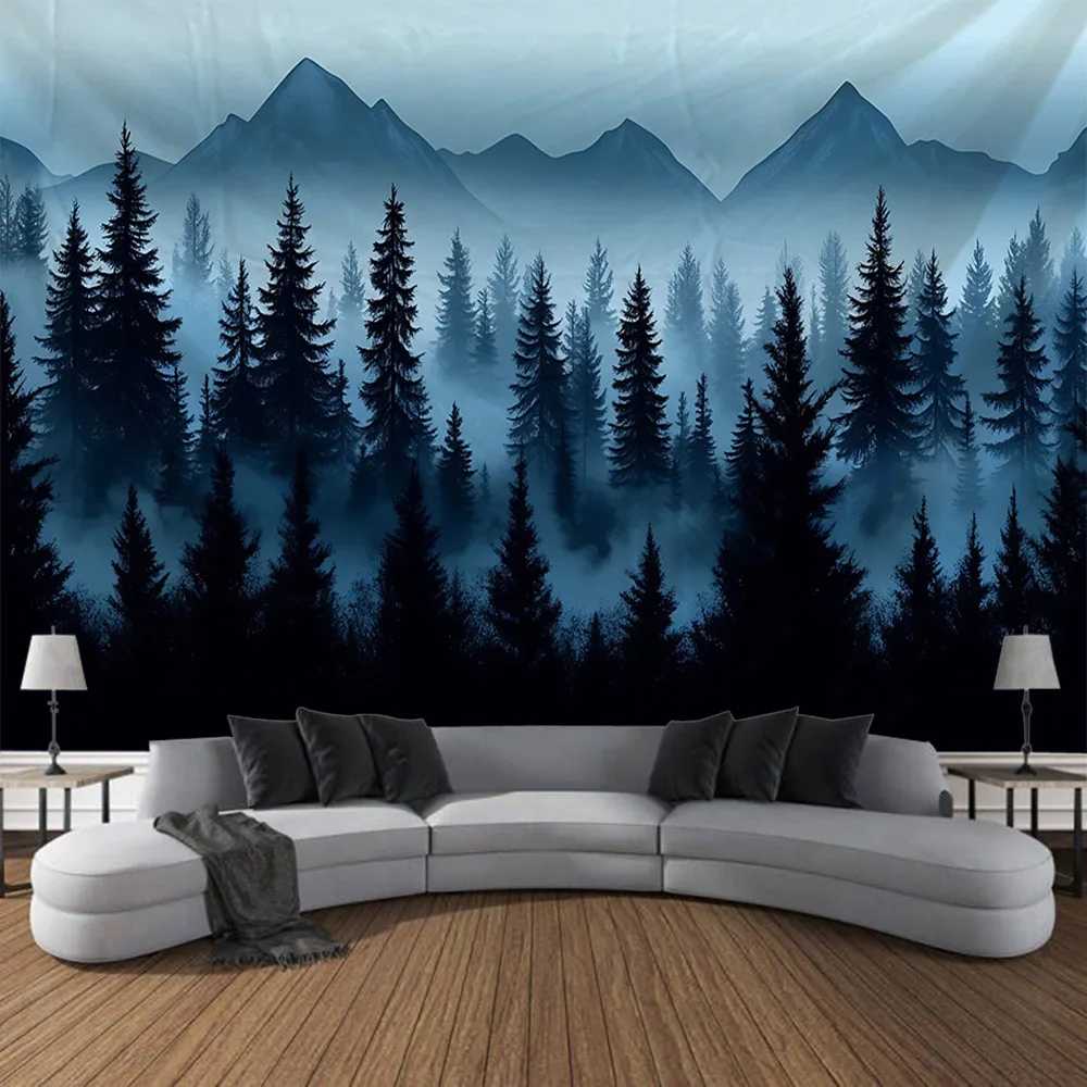 

Forest background tapestry, wall hanging, mountains and rivers, home art decoration, living room background, bedroom wall carpet