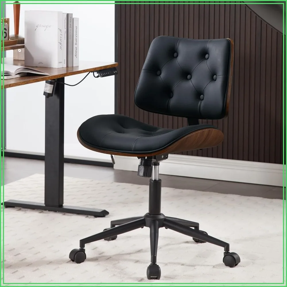 Armless Home Office Chair PU Leather Small Black Button Tufted Vanity Desk Chair
