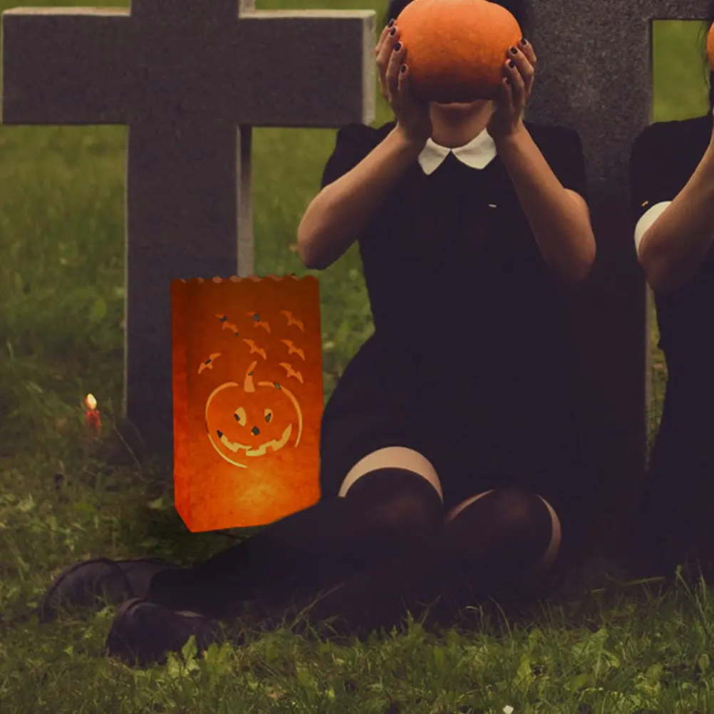10Pcs Premium Paper Halloween Pumpkin Bags Flame Resistant Luminary Covers Festive Party Decoration Pumpkin Face Design