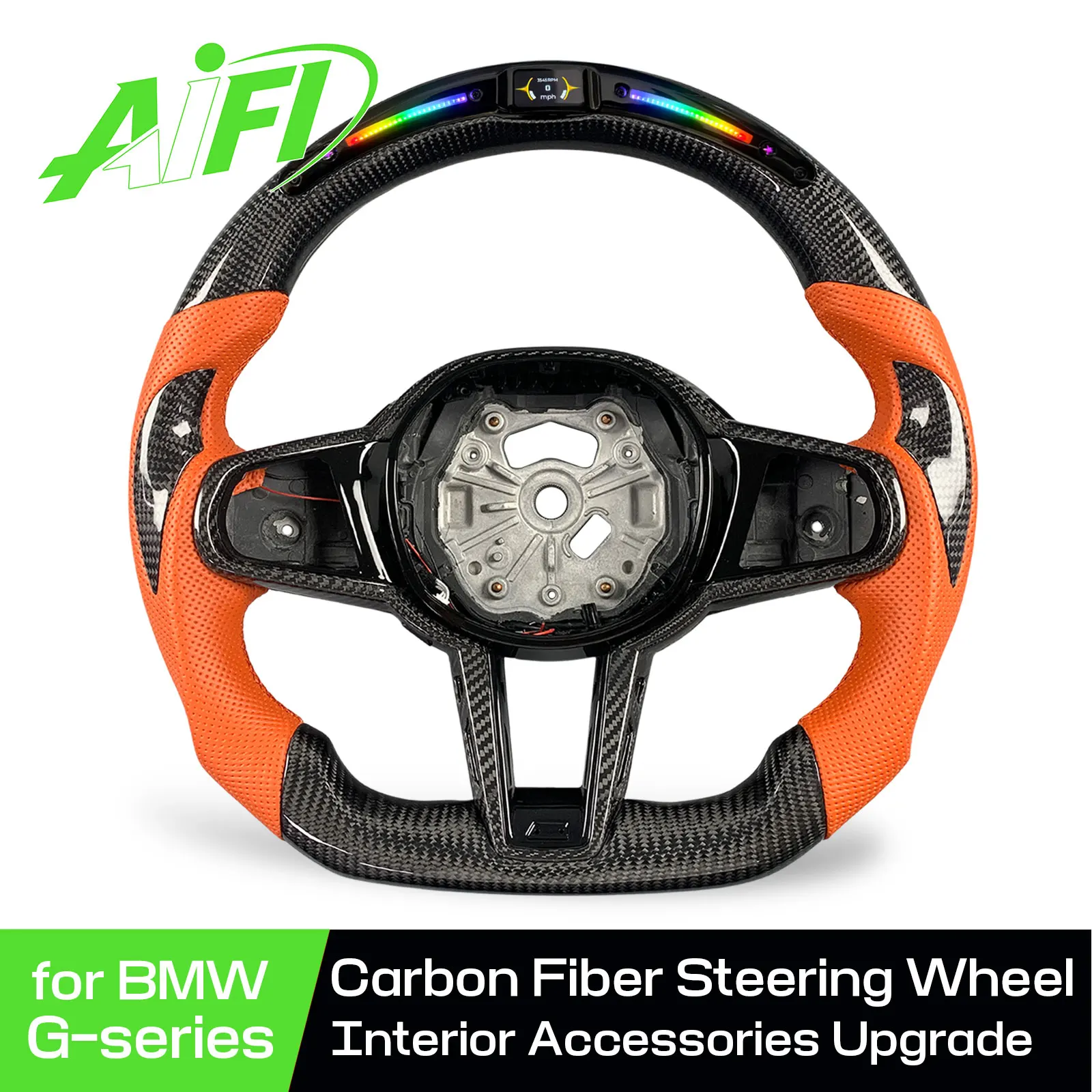 Custom Carbon Fiber Steering Wheel with Orange Leather Grips for BMW G Series G20 G30 G22 G42 G29 G21 G23 G26 2018-2024