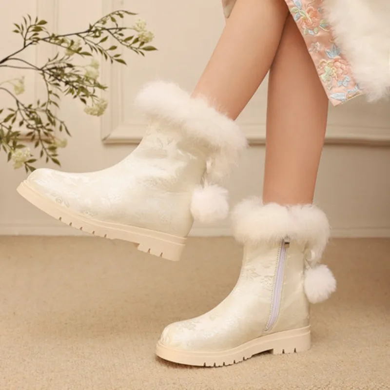 

Embroidered Ladies Short Boots Cotton Shoes round Toe Daily Wear Winter Rubber Sole Floral Pattern Ethnic Style Women's