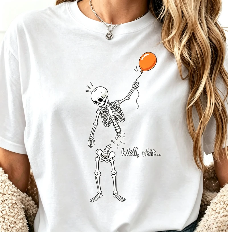 Halloween Humorous Skeleton T Shirt Floating Body Orange Balloon Vintage Tee Funny Graphic Short Sleeve Street Casual Y2k Top