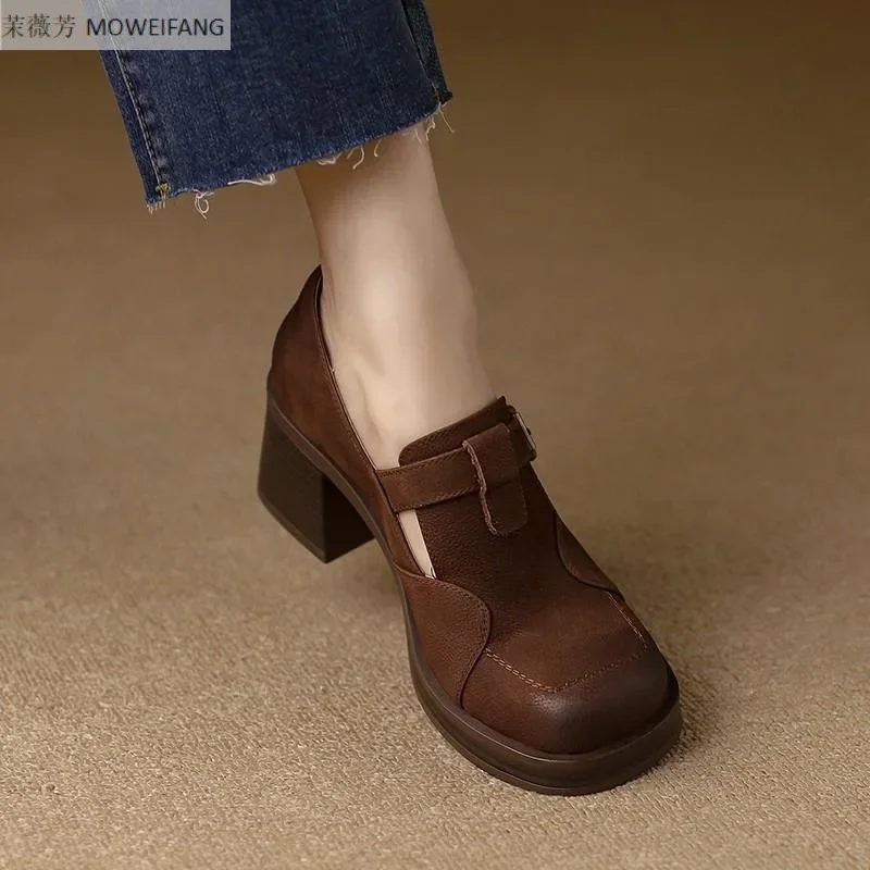 Soft Leather High Heels for Women 2023 Spring New Retro Brown French Niche Small Leather Shoes Square Head Thick Heel Shoes