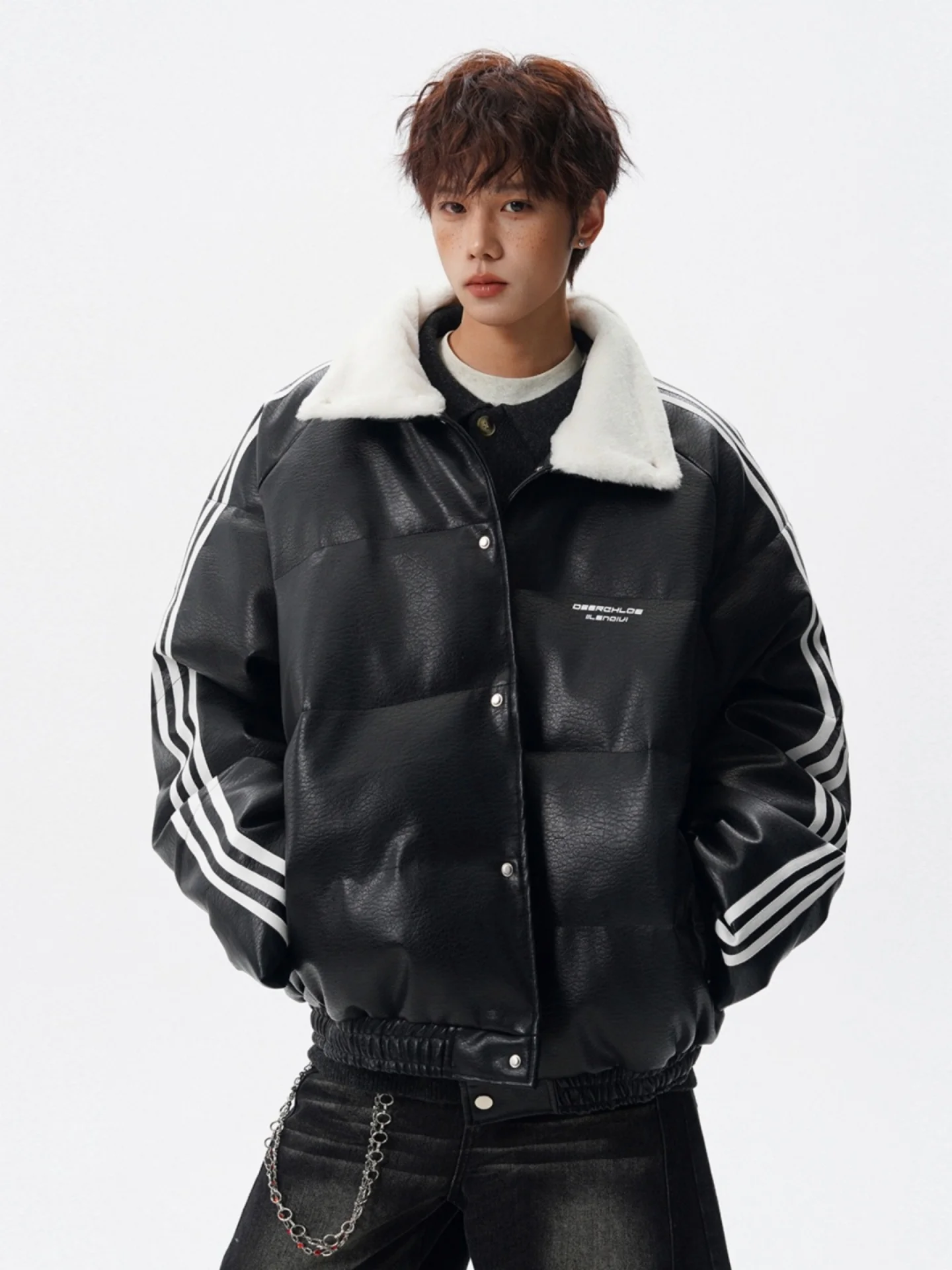 

Trendy Brand Men's Winter Thiened Cotton Jaet PU Leather Collar Loose Fit Warm Coat Tee Stripe Color Blo Casual Outer...