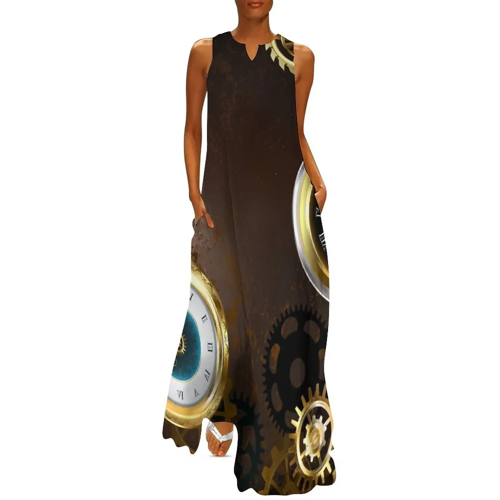 

Brown Background with the Clock ( Steampunk ) Long Dress Woman fashion Woman clothes Dress