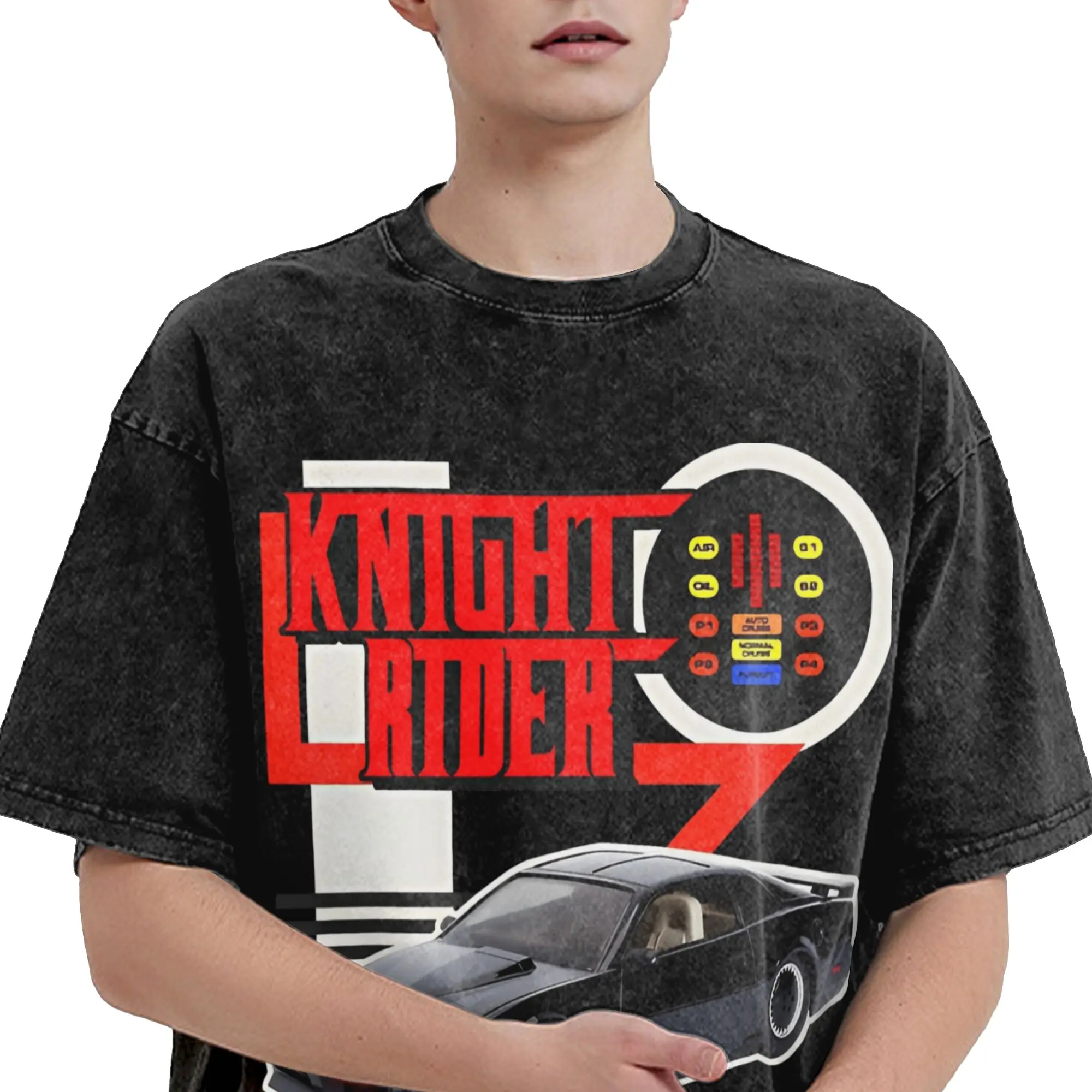 Novelty Knight Rider KITT Car Racing Vintage Washed Tshirts Men's Cotton Short Sleeve  O-neck Summer Tops Shirts - view 3