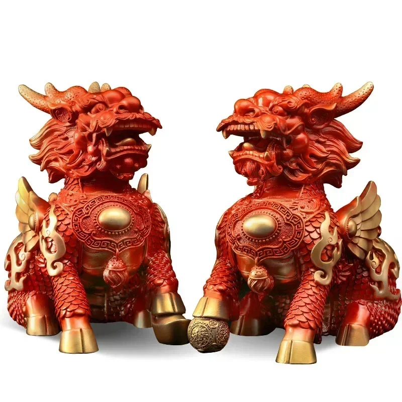 1pairs Copper Lucky Fire Kirin Unicorn Ornaments Office Home Living Room Decor