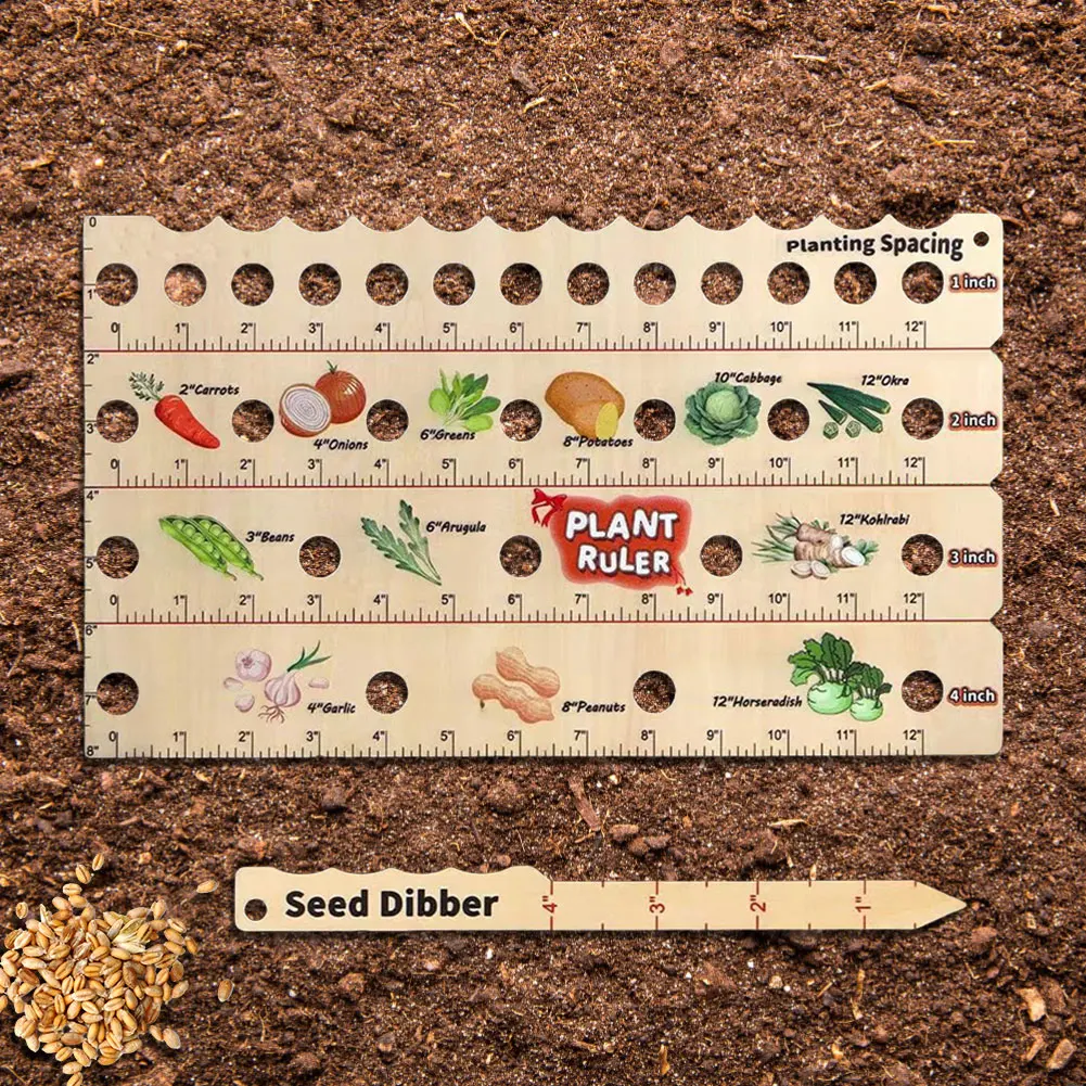 2/1 قطعة حديقة خشبية Dibber تباعد حاكم البذور الموزعات متعددة الوظائف المحمولة البذارة زرع مع أدوات البستنة النباتية Dibber