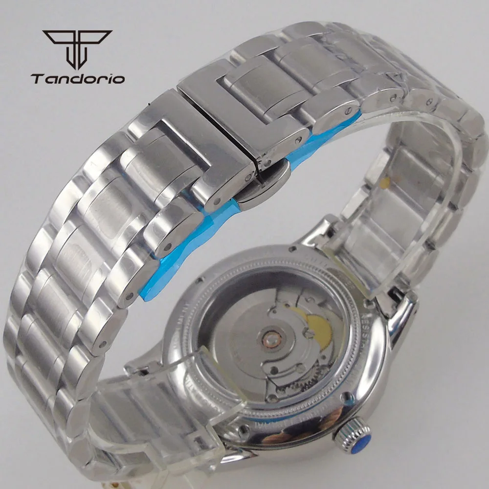 Tandorio Double Domed Sapphire Mechanical Stainless Steel Dress 40mm Men\'s Watch Polished 20atm Automatic Wristwatch Luminous