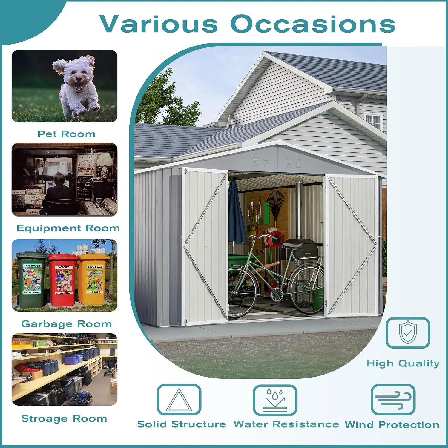 10x12 FT Metal Storage Shed with Floor Frame, Galvanized Steel Double Lockable Doors, Weatherproof Backyard Building, Customized
