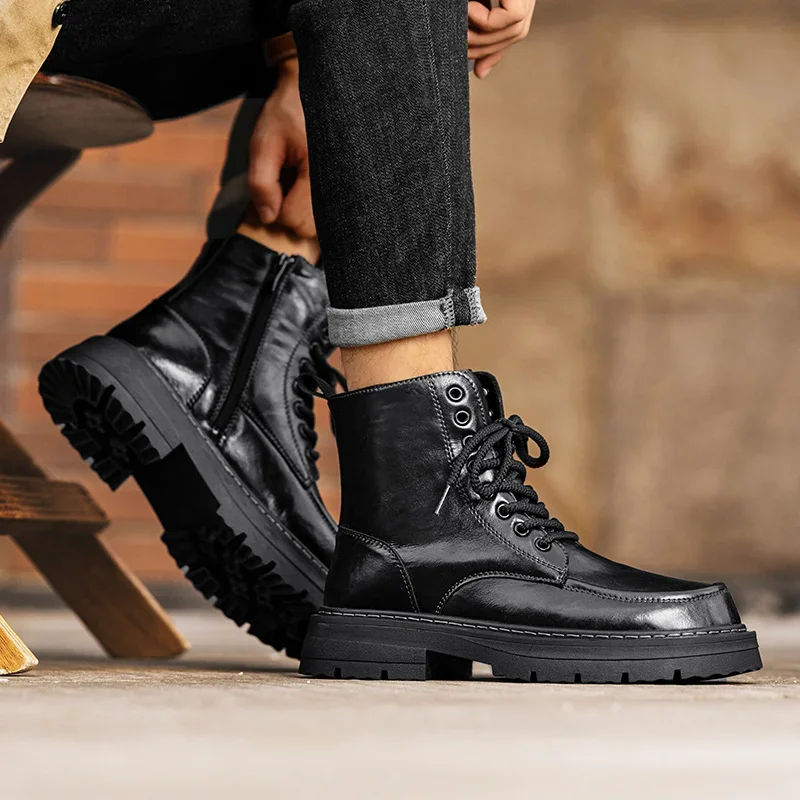 Botas masculinas pretas outono e inverno clássico design minimalista estilo lazer negócios escritório ao ar livre sapatos de caminhada da motocicleta -45