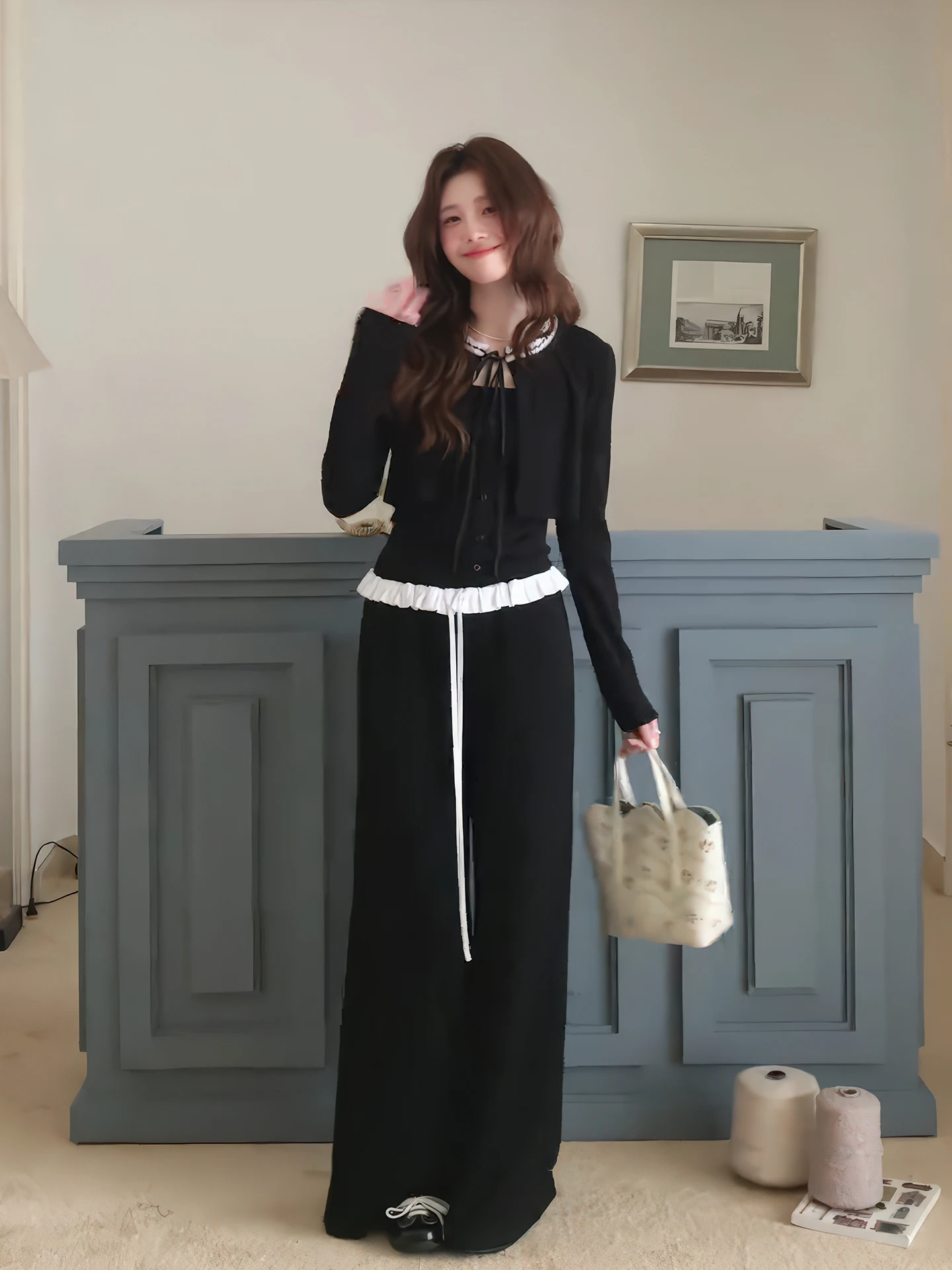 Korean Sweet Cool Style Women's Autumn 2026 New Wood Ear  Belted Small Open Cardigan Wide Leg Long Pants Three Piece Set