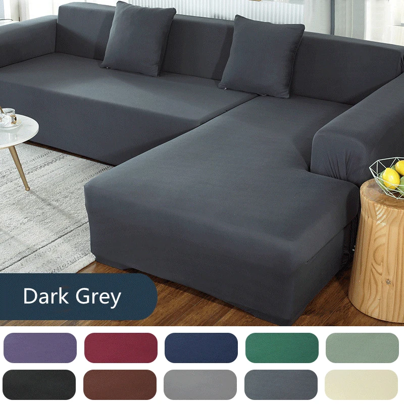 Grey Sofa Covers for Living Room Elastic Solid Color Corner Couch Cover L Shaped Chaise Longue Slipcovers Chair Protector 1PC