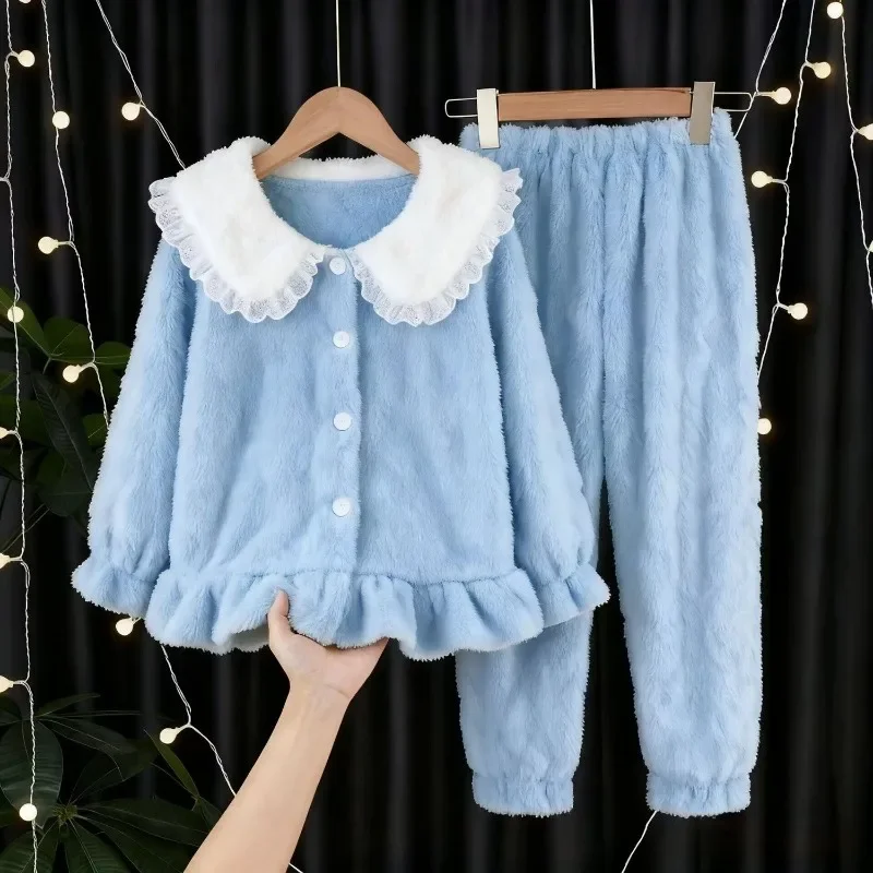 Kids' Coral Fleece Pajamas Thickened Winter Version Princess Design Thermal Home Wear for Tween Girls