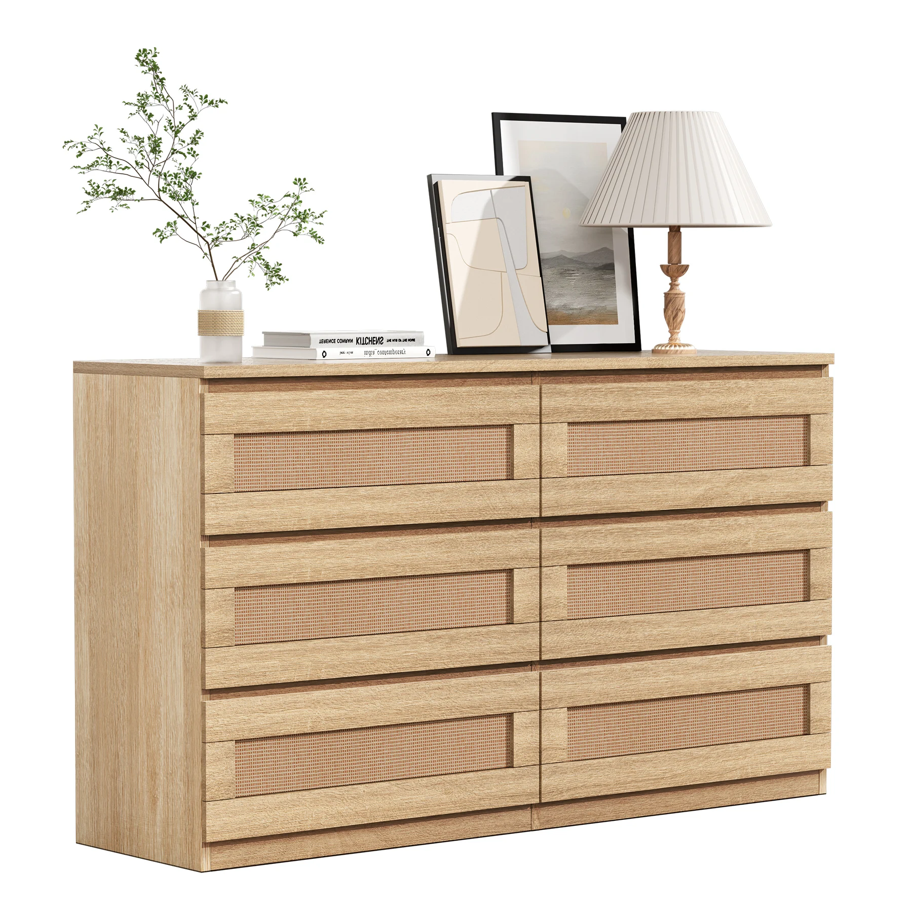 Rattan Dresser for Bedroom, 6 Drawer Dresser for Bedroom, Modern Wide Chest of Drawers with Anti-Tip Kit, Wood Storage Dresser