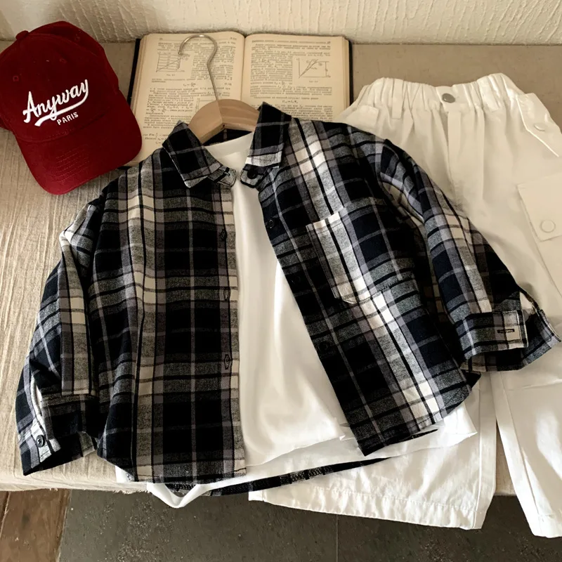 

Boys Shirt 2025 Spring Autumn Korean Style Childrens Clothes Long-Sleeve Black White Loose Versatile Plaid Shirt