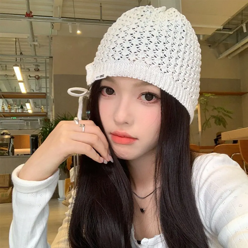 Breathable Hollowed Out Knitted Hat Bowknot Lace Beret Cap Fashion Casual Skullies Hat for Women