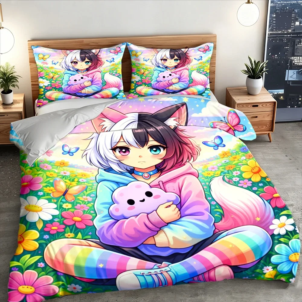 3Pc Anime-Style Animal Ear Girl Cartoon Duvet Cover Set, Three-Piece Bedding Set (1 Duvet Cover + 2 Pillowcases), Suitable for All Seasons, Machine Washable, Invisible Zipper Design, Large Double Bed Cover Set, Suitable for Home, Dormitory, Master Bedroom, Guest Room, Dreamy Flower Field Anime-Style Bedding, Rainbow Striped Girly Bedding, Cute Cloud Doll Element Duvet Cover, Cross-Border Best-Selling Cartoon Bedding Three-Piece Set