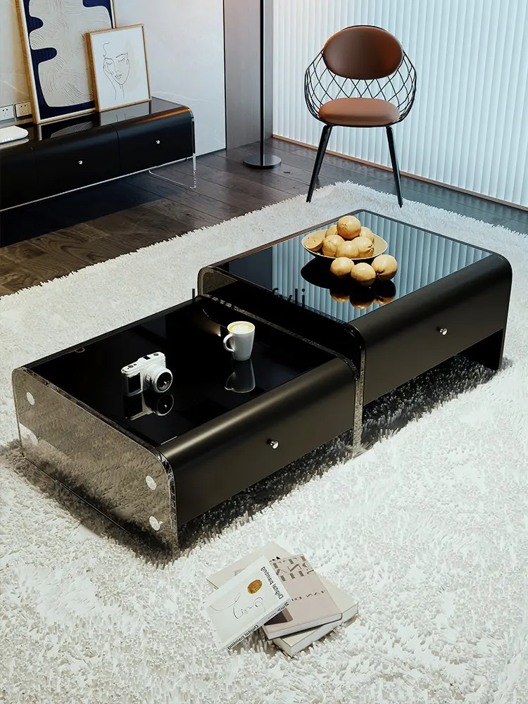 

zq Acrylic Suspended TV Cabinet Living Room Home High Foot Black Glass Tea Table Combination