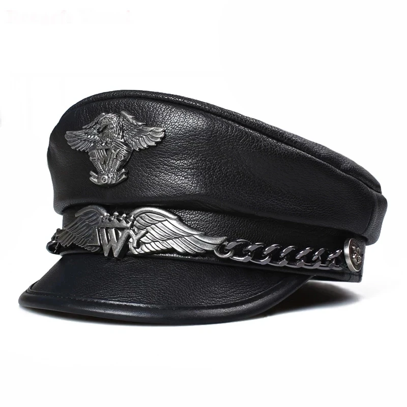 Exclusive German Military Cap Man Genuine Leather Flat Top Hat Korean Fashion Eagle Mark Chain Punk Locomotive Casquette Male