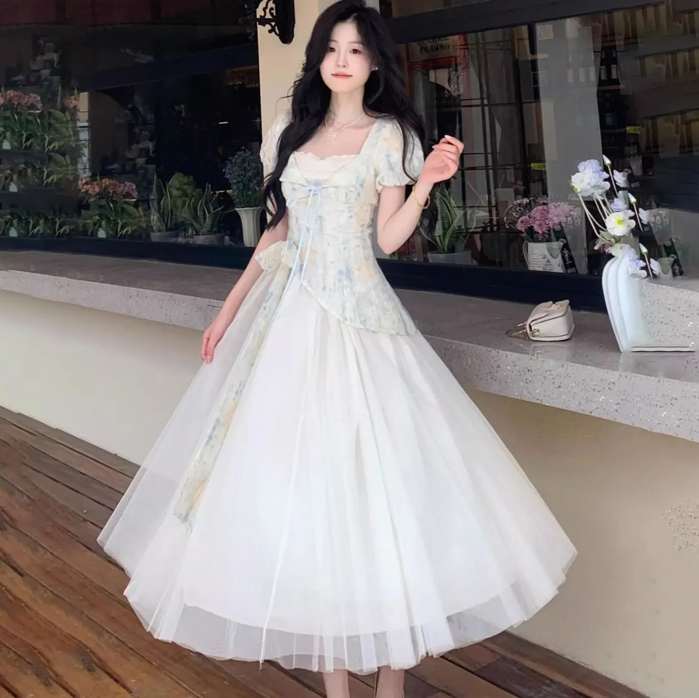 

2026 Summer New Women's Fashion Romantic Light Green Floral Prom Dress Square Neck Puff Sleeve Ruffle Tiered Long Party Dresses