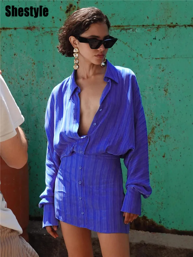 

Shestyle Shirts Oversize Blue Striped Dresses Women Sheath Open Stitch Polo Collar Batwing Sleeve Fashion OL Outfit Office Lady