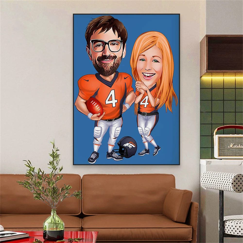 Kişiselleştirilmiş amerikan futbolu Poster özel spor çift portre karikatür baskı doğum günü yıldönümü hediyesi yatak odası dekoru