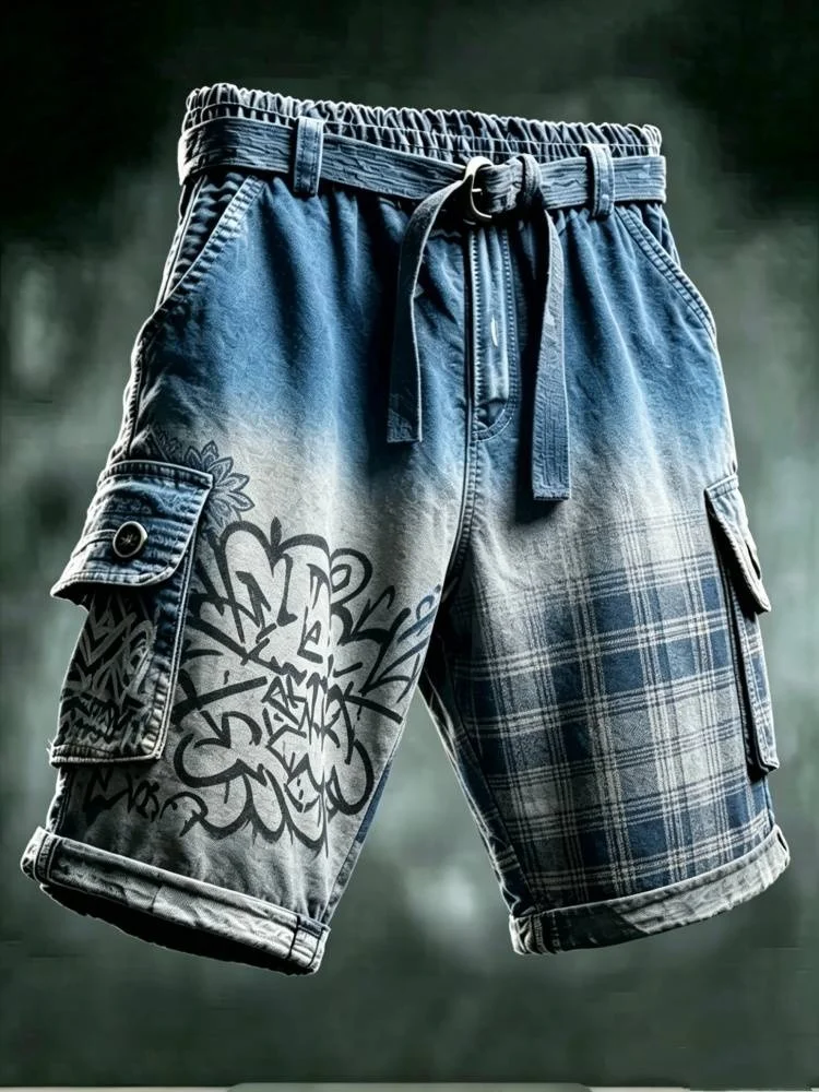 Mens Vintage Graffiti Print Plaid Cargo Shorts Loose Fit Streetwear Denim with Belt Patchwork