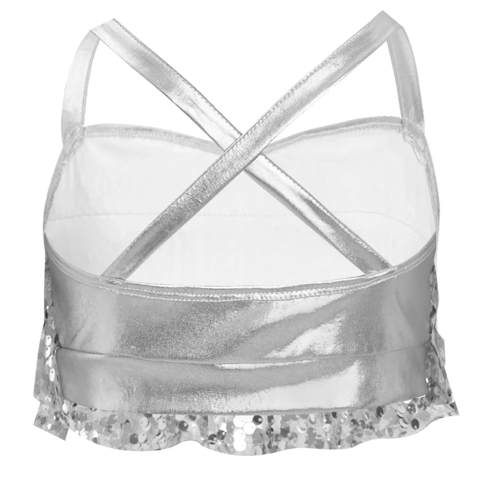 ชุดเต้นรำแจ๊สละตินสำหรับเด็กผู้หญิง 2 ชิ้น ประดับเลื่อม ชุดเสื้อครอปเมทัลลิกพร้อมกระโปรงจีบ ชุดแสดงบัลเลต์และบอลรูม