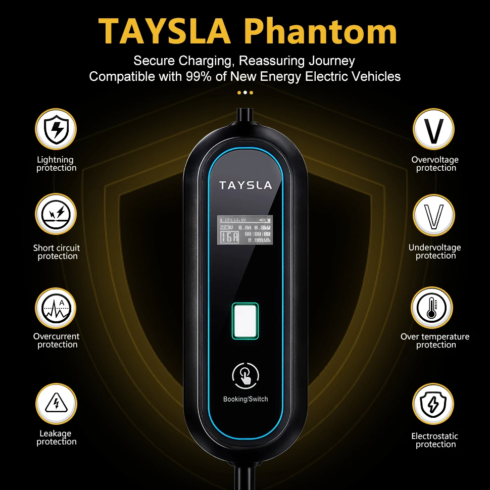 Taysla Elektrische Auto Oplader 3.5kw 16a Type 2 Draagbare Ev Oplader Type 1 80V-260V Eu Stekker Oplaadkabel Voor Elektrische Voertuigen