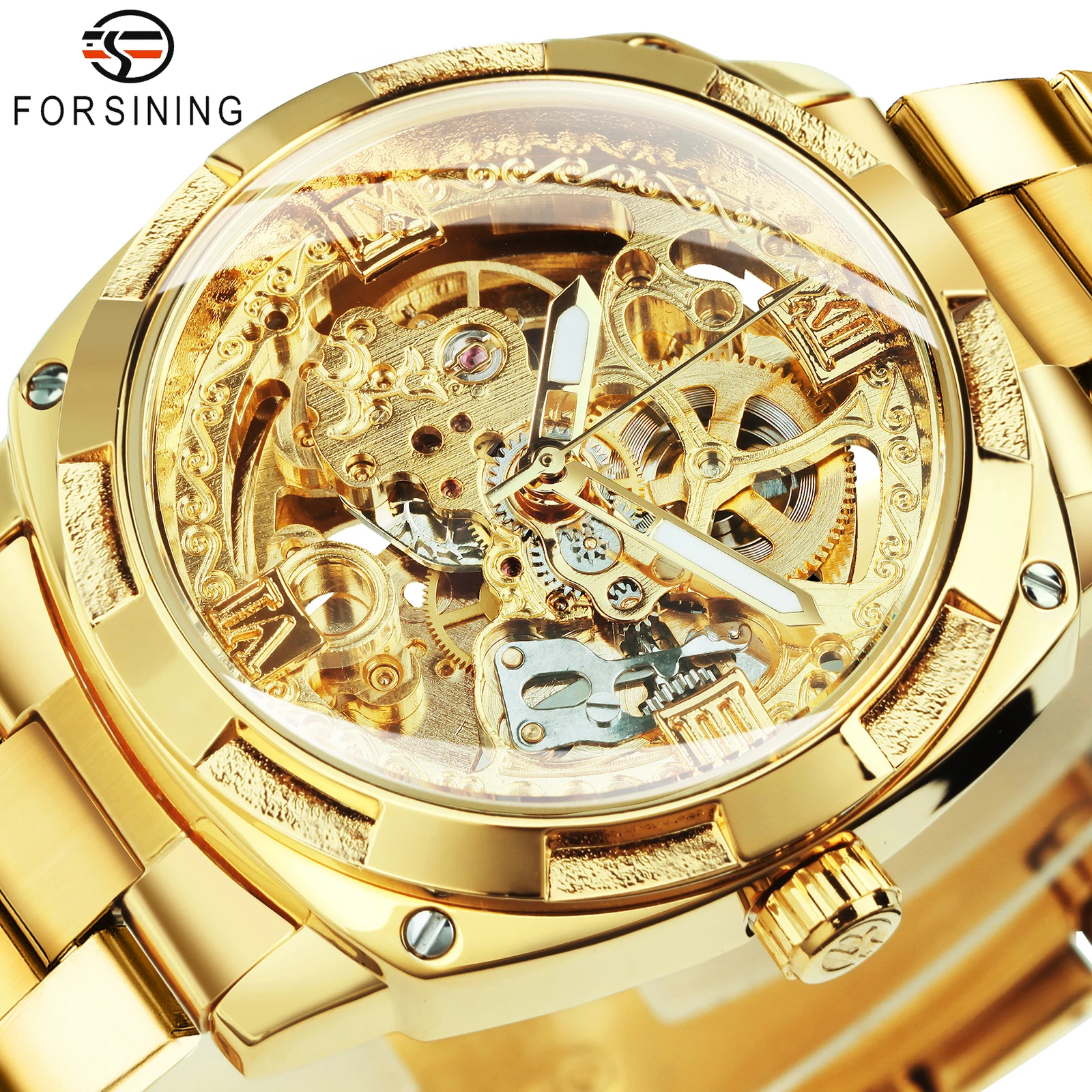 Forsining Gold Mens Watches Top Brand Luxury Skeleton Automatic Mechanical Watch for Men Stainless Steel Band Fashion Wristwatch