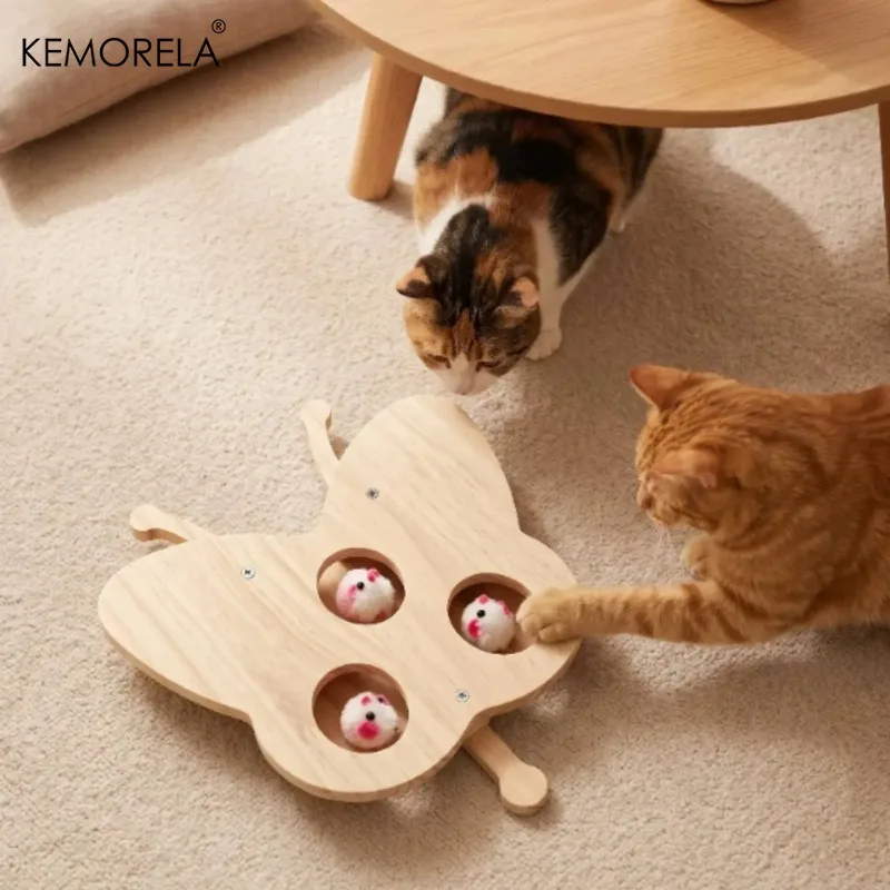 KEMORELA Whack-a-Mole Katzenspielzeug aus Naturholz, Katzenspielzeug mit mehreren Löchern zur geistigen Stimulation