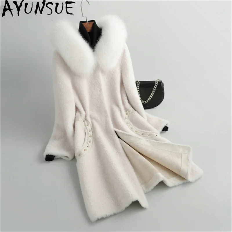 

AYUNSUE 100% Wool Jackets for Women 2023 Autumn Winter Luxury Fox Fur Collar Sheep Shearing Jacket Hooded Fur Coat Outerwears