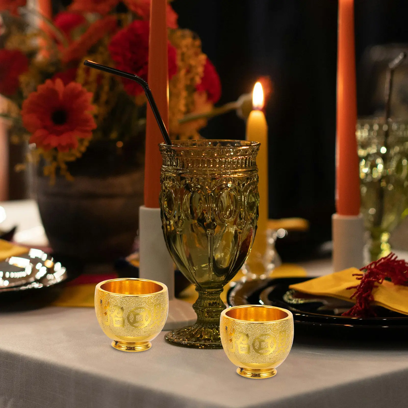 1Set Sand-Gold Teapot Set Carved Auspicious Words Buddhist Offering Cup Kettle for Water Rice Oil Temple Worship Retro