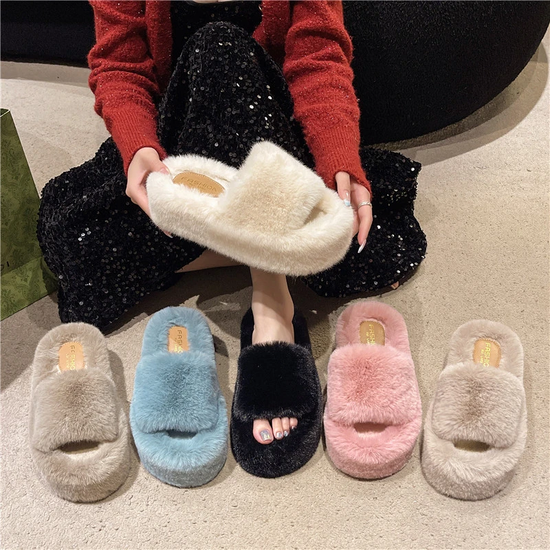 

Новые домашние меховые шлепанцы, плюшевые тапочки, пушистые шлепанцы, роскошные слипоны на платформе, женская модная обувь Женские Хлопковые Тапочки