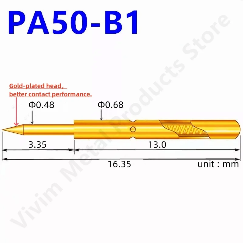 20/100 pz PA50-B1 sonda di prova a molla PA50-B strumento di prova Pin di prova 16.35mm Dia0.68mm punta dell\'ago d\'oro Dia 0.48mm Pogo Pin P50-B