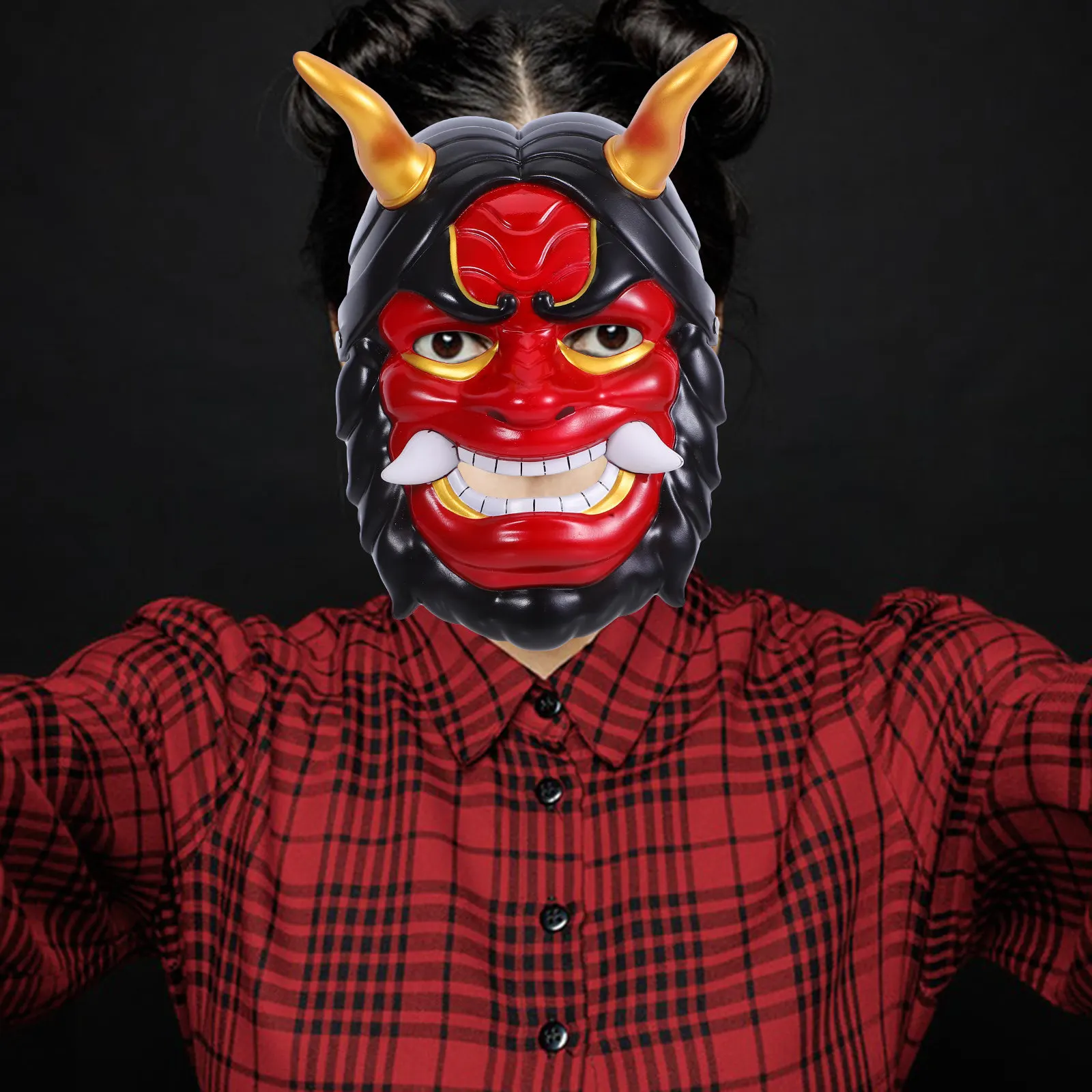 日本の般若ブルデーモンマスク、フルフェイスコスプレ、ハロウィンパーティー、仮面舞踏会、カーニバル、怖い悪魔マスク（大人用）