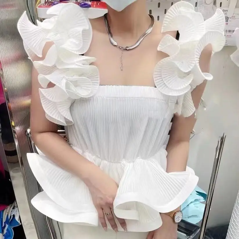 

Женская шифоновая блузка с воланами по краю, летняя новинка 2026, приталенная, укороченная рубашка