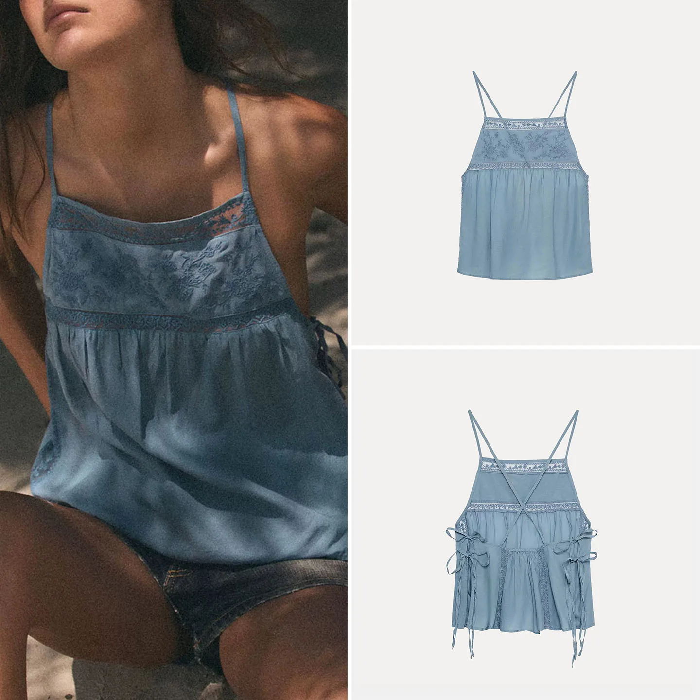 

Fashionable Summer Women's Lace Embroidery Backless Vacation Top Trendy Short Sleeve Strap Design ZADATA Ladies Vest