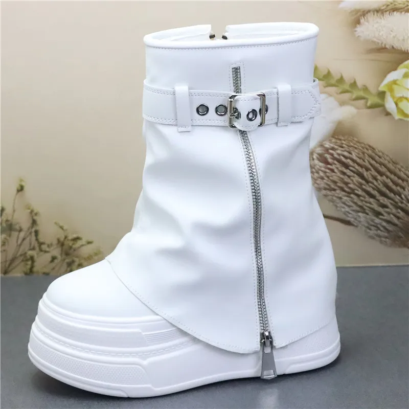 Women's 12cm Hidden Heel Knee-High Boots Ultra High Thick Sole White Sneakers Zipper Closure Big Size Slimming Tall Elevating