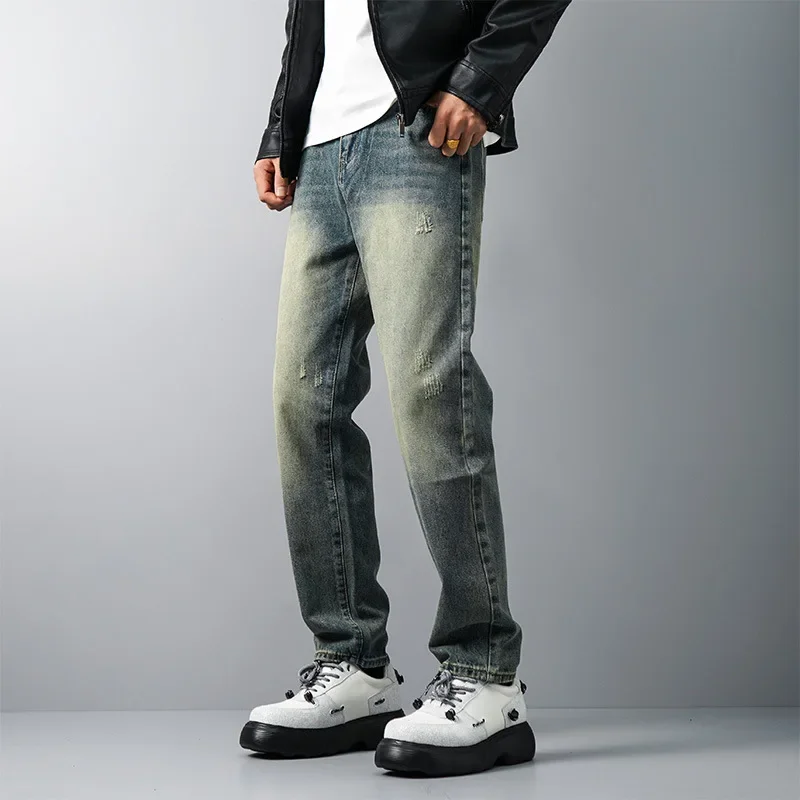 

LIBIELIY Four Seasons Men's American Vintage Loose Casual Washed Straight Jean Pant High Street Light Blue Denim Trousers Male